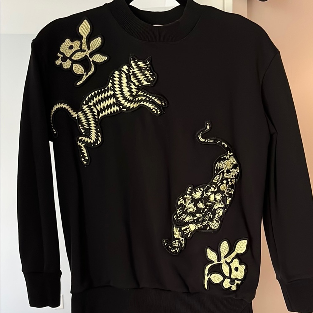 Victoria Beckham Black Sweatshirt with Cat leopard and Floral Design